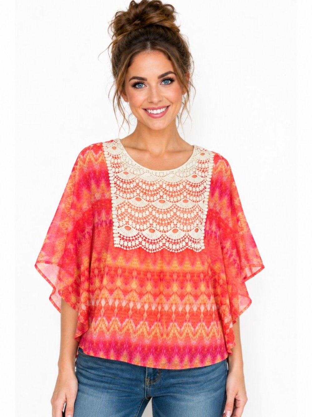 Speechless Boho Crochet Lace Overlay Top Coral Pink Orange Chiffon NWT Size L